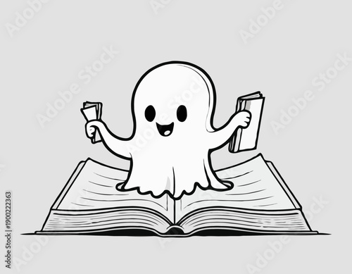 A cute cartoon ghost character happily reading an open book black and white line art illustration.