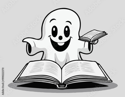 A cute cartoon ghost character happily reading an open book black and white line art illustration.