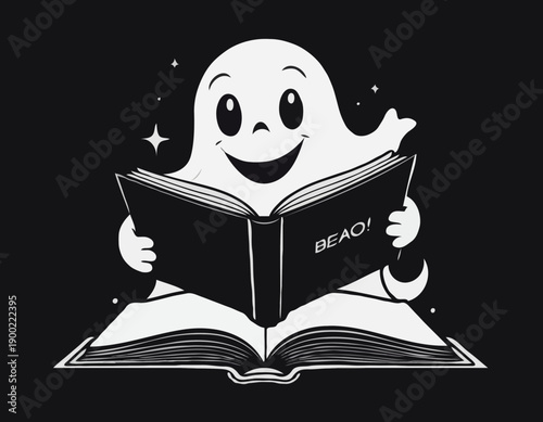 A cute cartoon ghost character happily reading an open book black and white line art illustration.