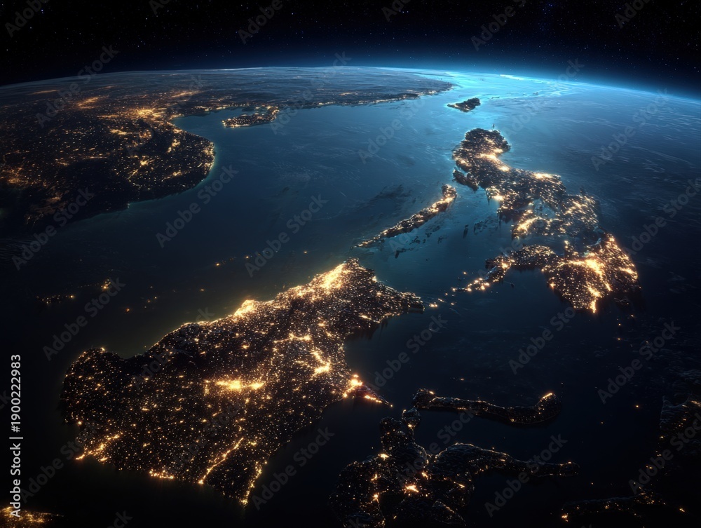 Fototapeta premium Detailed 3D Rendered Earth View from Space at Night Showing Glowing City Lights Across Southeast Asia Islands and Philippines with Realistic Atmosphere Horizon and Vast Dark Starry Galaxy Background