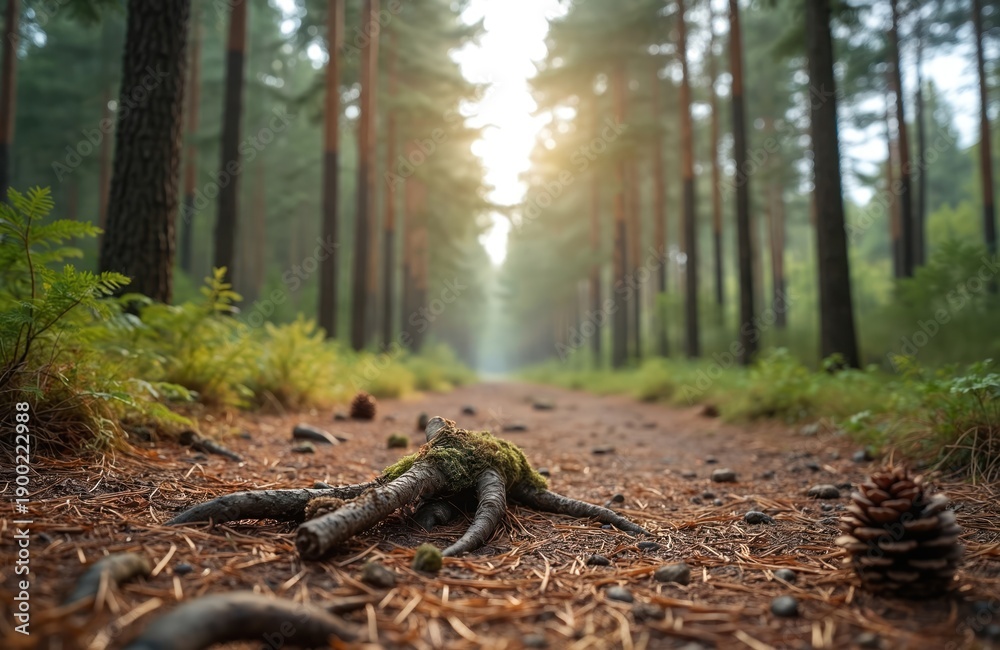 Fototapeta premium Forest path close-up with mossy roots and pinecones on ground. Tall trees line dirt road. Soft light filters through canopy. Nature background with shallow depth.