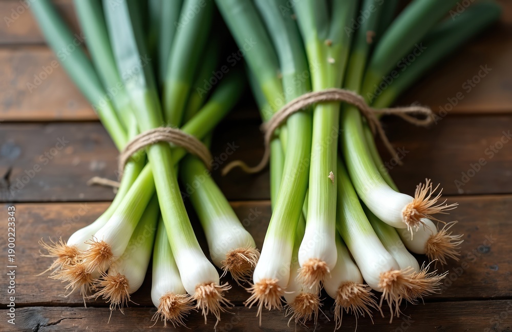 Fototapeta premium Fresh green onions tied with twine sit on a rustic wooden table. Bundles of young alliums are ready for cooking and culinary use. These natural ingredients offer vibrant color and taste.