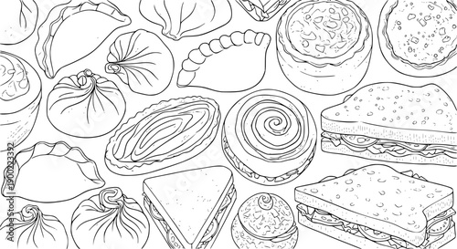 dumplings pastries and sandwiches arranged flat lay top view with monochrome ink studio lighting