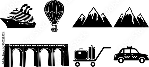 Black silhouette vector set featuring cruise ship, hot air balloon, mountain peaks, viaduct bridge, suitcase trolley, and taxi car icons
