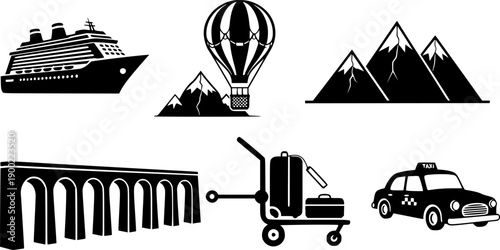 Black silhouette vector set featuring cruise ship, hot air balloon, mountain peaks, viaduct bridge, suitcase trolley, and taxi car icons

