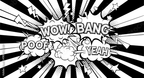 Comic style black and white pop art sound effects with wow bang poof and yeah speech bubbles and lightning bolts vector

