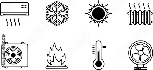 Air conditioner icons set cooling heating temperature fan vector illustration black and white
