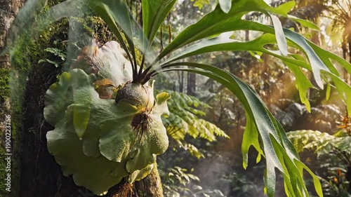 A captivating close-up showcases a vibrant epiphytic plant, featuring broad, unique green fronds adorned with glistening water droplets. It thrives on a moss-covered tree trunk, nestled within a lush,