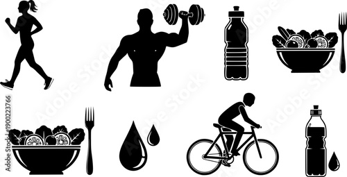 Black and white vector icons of healthy lifestyle activities including muscular man lifting dumbbell, bicycling, salad bowl, and hydration symbols