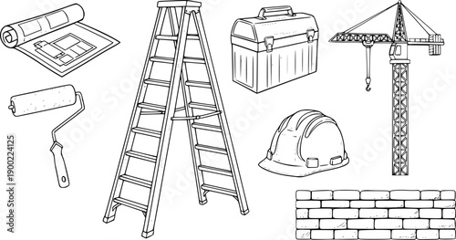 construction tools ladder hard hat blueprint toolbox brick wall roller crane tape measure technical drawing equipments