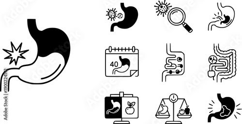 Black and white medical vector icons showing stomach pain inflammation infection examination calendar digestion balance and abdominal discomfort
