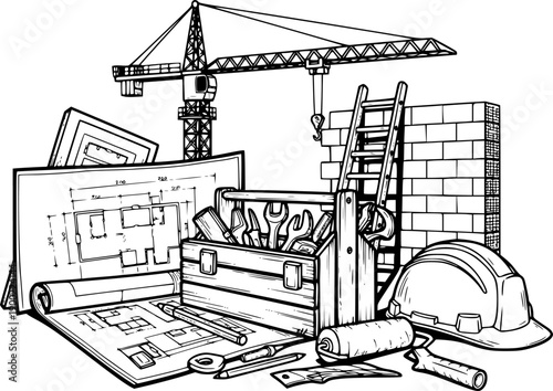 construction tools ladder hard hat blueprint toolbox brick wall roller crane tape measure technical drawing equipments