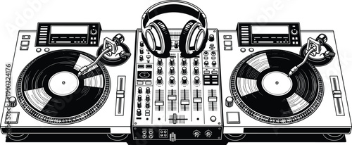 DJ Turntable Setup Silhouette with Mixer, Headphones, Vinyl Records, Audio Equipment, Music Technology, Sound Gear, Entertainment, Club, Studio, Performance