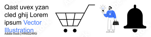 E-commerce, online shopping, business innovation, productivity, user notification, modern marketing. Shopping cart, notification bell businessman holding a lightbulb. Online shopping and business