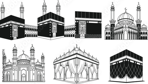 Islamic Architecture Silhouettes Featuring Kaaba, Mosques, Minarets, Domes, Lanterns, Sacred Sites, Worship, Hajj, Eid, Mecca, Pilgrimage, Religion, Culture