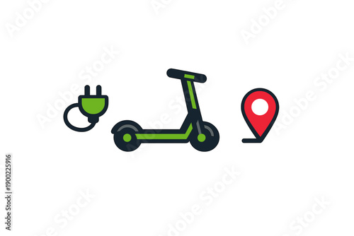 Electric scooter and charging station icons with a location pin for navigation