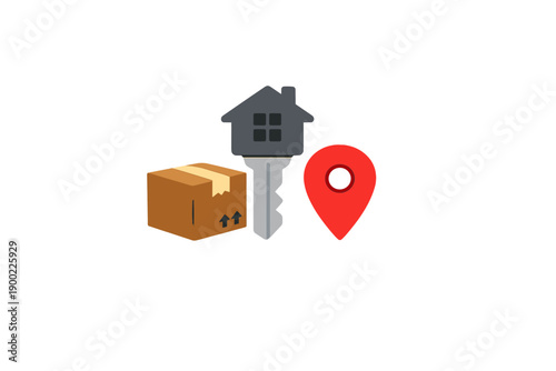 Keys for a new house, a moving box and a location pin show the process of moving into a new home in an urban setting on a clear day