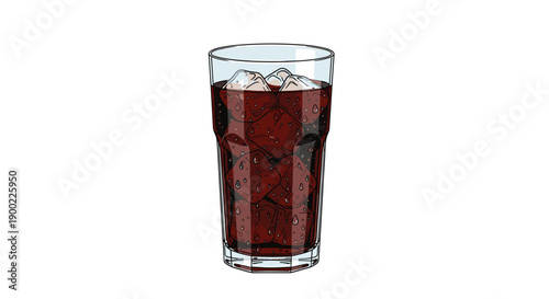 Tall clear glass filled with dark cola and numerous distinct ice cubes, showing carbonation, a refreshing drink on