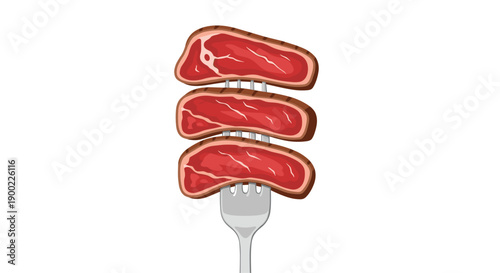 Three juicy grilled steak slices neatly impaled on a metal fork, showcasing delicious red meat, isolated on a clean