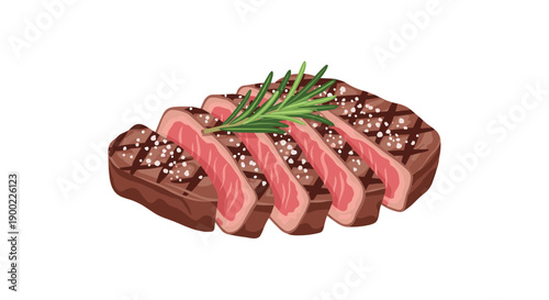 Delicious grilled steak, perfectly sliced and garnished with fresh rosemary and sea salt, showcasing juicy meat on a
