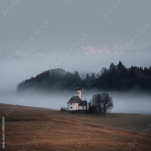 Kleine Kirche ragt aus dichtem Nebel in weiter Berglandschaft. Idyllische, ruhige Szene im Alpenraum, inspiriert von ländlichen Regionen in Österreich, Bayern und der Schweiz. Ideal für Tourismus, Wan