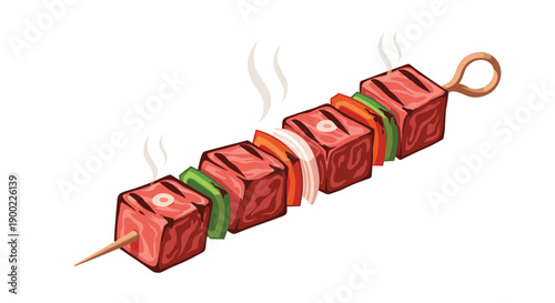 Steaming hot grilled meat and colorful vegetable kebab on a skewer, a delicious and healthy meal isolated on a white