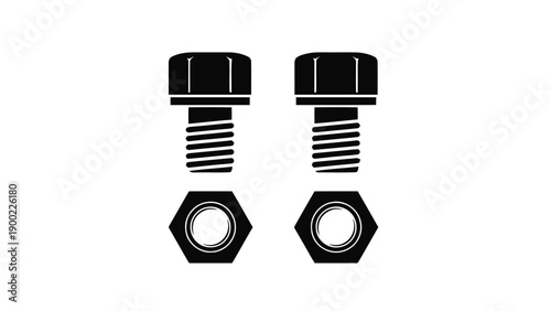 Vector illustration of a pair of bolts and nuts, strong mechanical fasteners, on transparent background