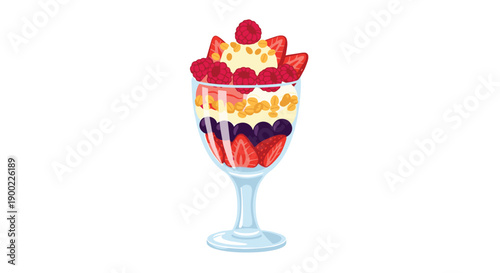 Delicious layered fruit parfait in a tall glass, filled with fresh berries, crunchy granola, and creamy yogurt, a
