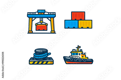 Cargo handling at a shipping port with cranes, containers, ropes, and tugboats involved in loading and unloading operations during daytime hours