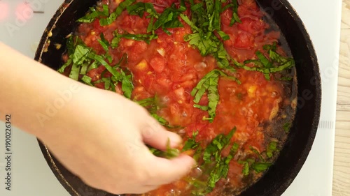 Process of cooking tomato sauce on the pan
