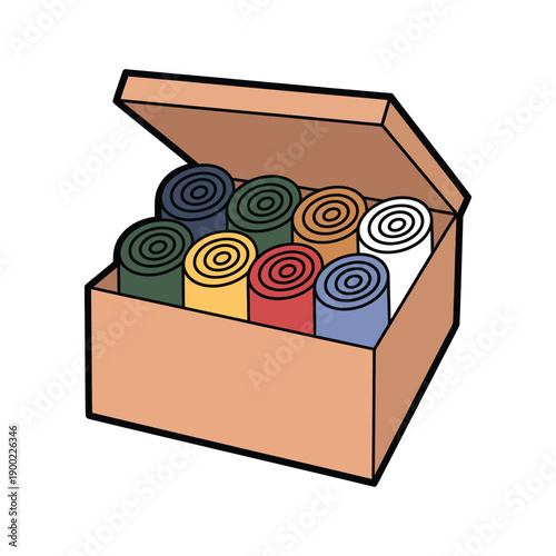 A cardboard box filled with rolls of colorful paper or plastic sheets for various uses.
