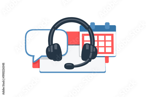 Call center setup shows headset, chat bubble, and calendar in a workspace dedicated to customer support and communication tasks throughout the day