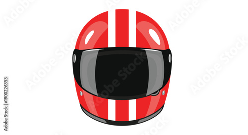 Front view of a sleek red racing helmet with bold white stripes and a dark visor, essential protective gear, isolated