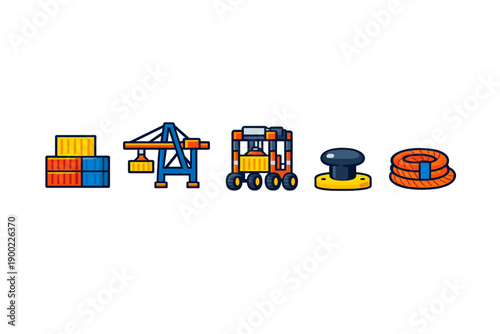Different types of cargo handling equipment and tools used in loading and unloading operations at shipping ports