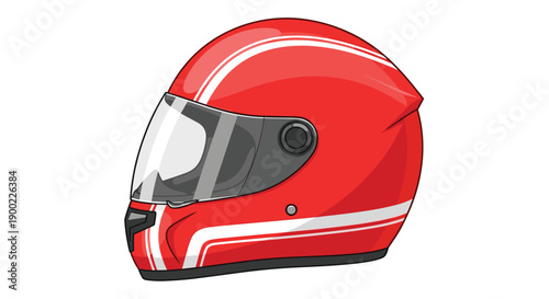 Side view of a vibrant red racing helmet with crisp white stripes and a clear visor, essential protective gear,