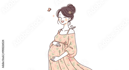 Happy pregnant woman with a bun and a bird on her shoulder, gently hugging her belly, wearing a floral dress,