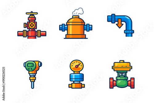 Different types of industrial valves and meters are arranged on a white background showcasing various parts of a piping system in a factory setting