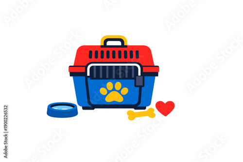 Colorful pet carrier and accessories for a dog in a simple setting designed for pet travel and care