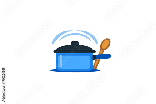 Steam rises from a blue cooking pot with a wooden spoon on the side while food cooks inside on a hot stove in a kitchen