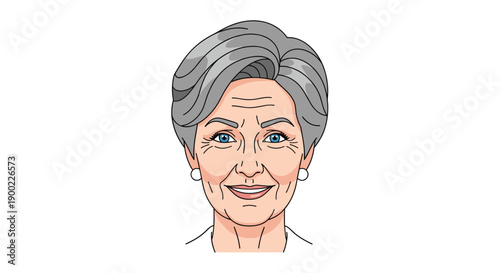 Mature woman with short grey hair and blue eyes smiling kindly in a studio headshot