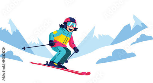 Energetic female skier descending a snowy mountain slope with poles amidst scenic winter peaks