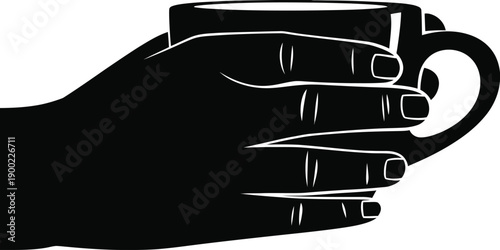A minimalist black and white vector illustration of a hand holding a hot cup of coffee or tea