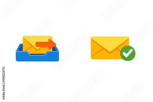 Mailbox icon shows outgoing message and delivered message with check mark on white background