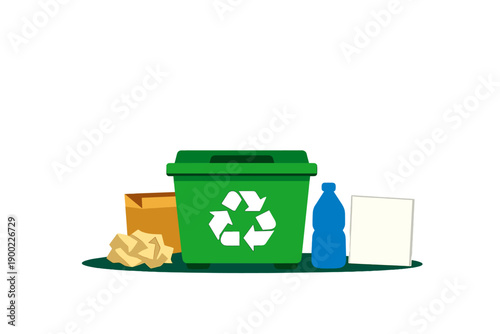 Recycling bin placed on a flat surface with different recyclable materials nearby in a simple arrangement