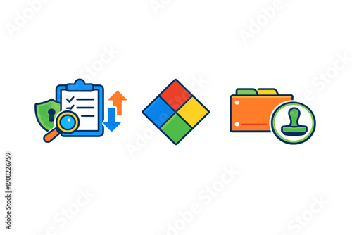 Various icons representing data security, file management, and process approval in digital workflows for business applications