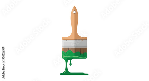 Wooden handle paintbrush with vibrant green paint dripping slowly downwards creating a colorful puddle