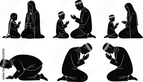 Islamic Prayer Silhouette Illustrations Showing Family Worship, Sujood, Dua, Traditional Attire, Faith, Religion, Culture, Devotion, Muslim Ritual, Worship Postures