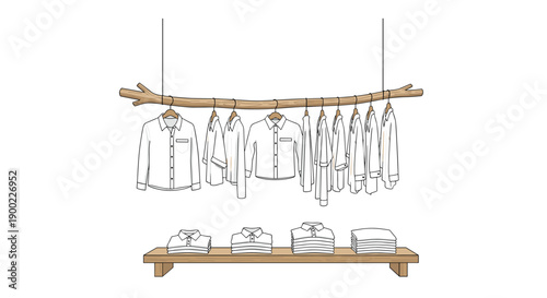 Clothing store display featuring white shirts hanging from a wooden branch and folded on a wooden table