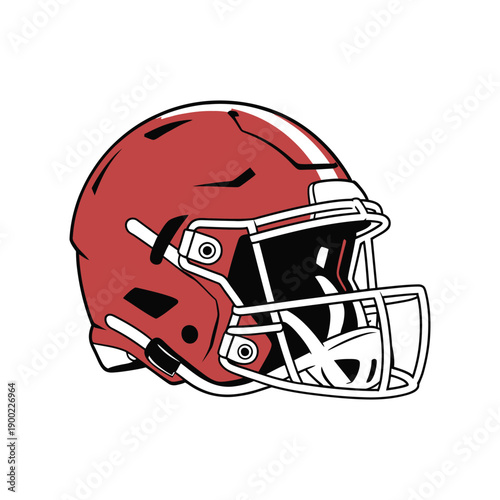 A red football helmet with a white face guard and black accents on a plain white background.
