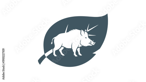 Silhouette of a boar within a leaf shape. Vector design in teal and white
